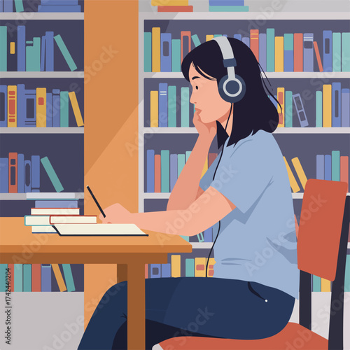 Young woman with headphones studies at a desk amidst bookshelves