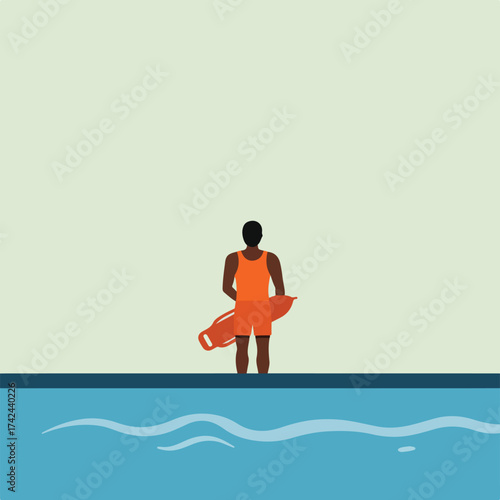 Back view of a lifeguard in orange attire holding a rescue buoy by a pool