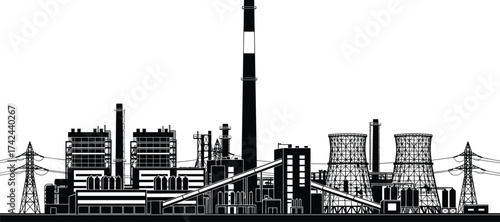 Industrial power plant silhouette, cooling towers, chimneys, electricity infrastructure, energy production, high voltage lines, urban planning, black and white vector