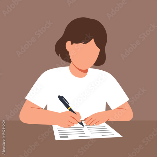 Person wearing white shirt writes on paper with pen
