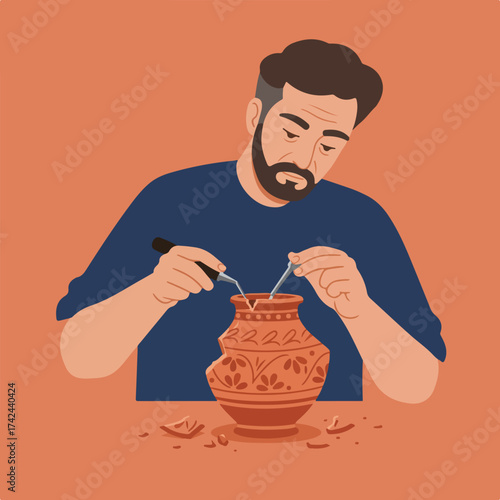 A focused person carefully restores a broken ancient clay pot with tools