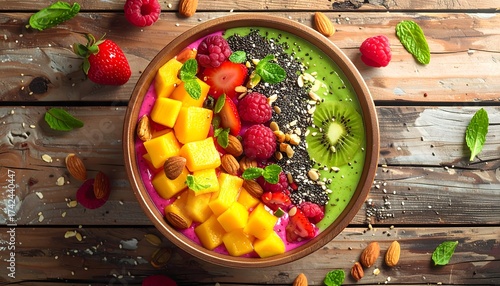 A vibrant and nutritious superfood smoothie bowl filled with fresh mango, berries, kiwi, and almonds on a rustic wooden background