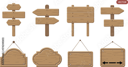 Vintage wooden signpost collection with blank planks, rustic arrow direction boards, hanging wood frames, and empty wooden street signs for design use