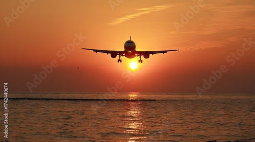 Airplane silhouette at sunset over ocean with warm colors and reflections