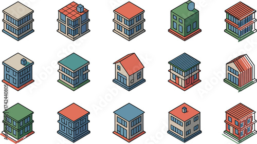 Isometric Building Icons Collection of Colorful Houses and Apartments Design