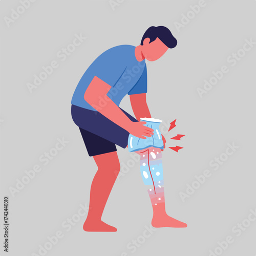 Person applying ice pack to injured leg with red pain indicators