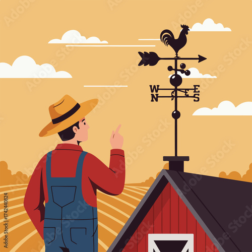 A farmer points towards a rooster weathervane on a barn roof