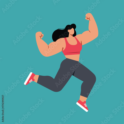 Strong woman running with arms flexed, portraying power and fitness