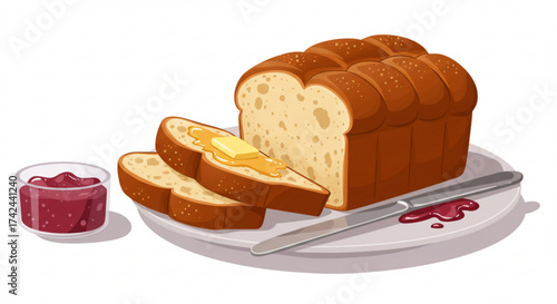 Sliced bread with butter and jam on a plate with a knife  