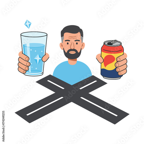 Man at a crossroads holding water and a soda can