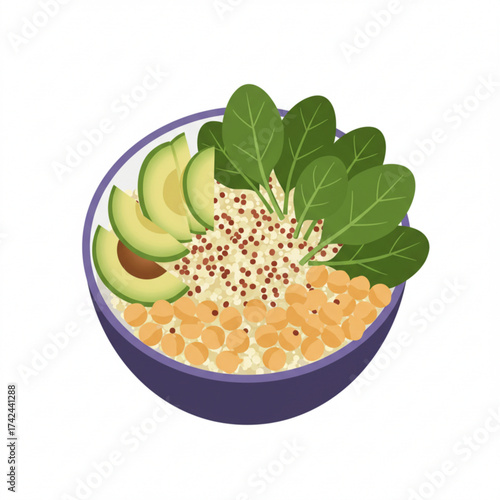 Buddha bowl with quinoa, avocado, and spinach on white background, buddha bowl  