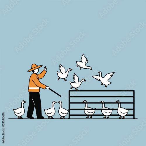 A farmer herds geese toward a pen with a stick and gestures
