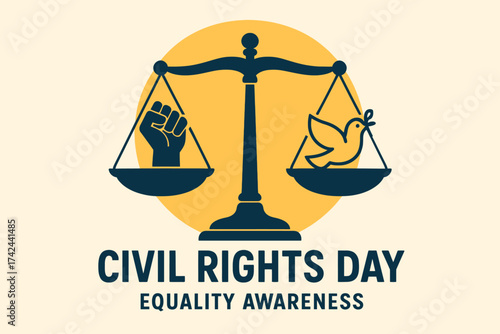 Civil Rights Day showing raised diverse hands reaching upward with a central scale of justice