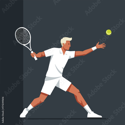 A stylized tennis player in white clothing serves a ball on a dark background