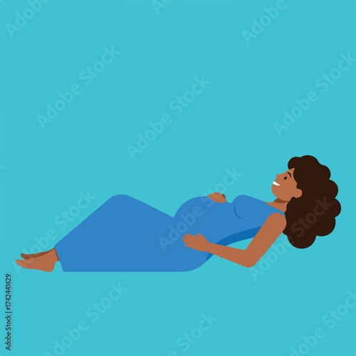 Smiling pregnant person with dark curly hair, wearing a blue dress, rests on a blue background
