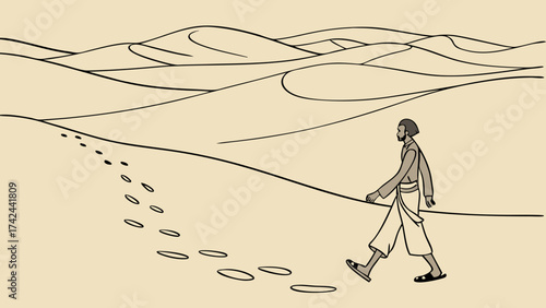 A lone figure traversing the desert leaving footprints in the sand