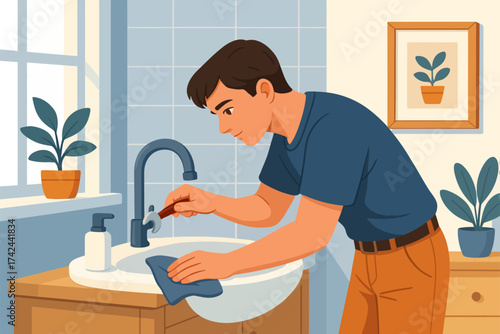 A plumber repairs a water tap in an apartment. Plumbing repair.