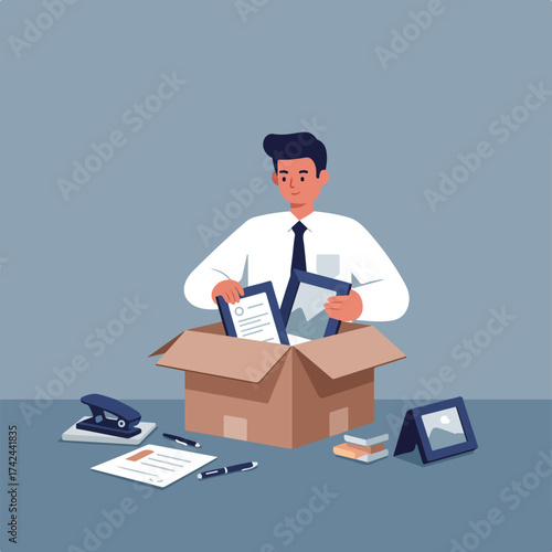 Man packing personal items and desk supplies into a box