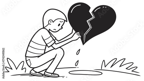 A Squatting Figure Holding a Broken Heart Expressing Sadness