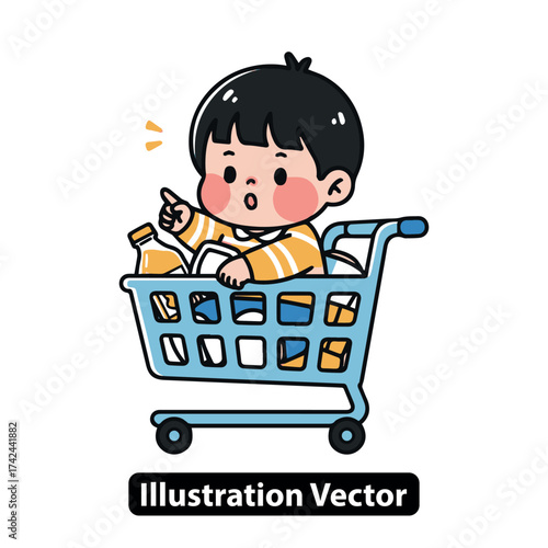 Cute Animated Child Points excitedly from a Supermarket Shopping Cart Filled with Groceries