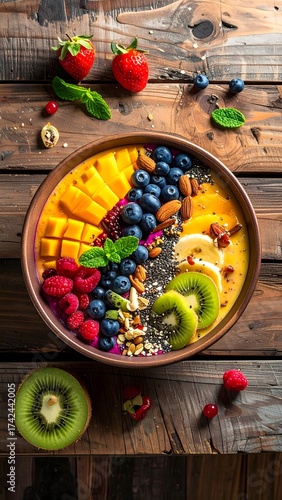 A colorful and nutritious breakfast smoothie bowl artfully arranged with fresh mango, kiwi, berries, nuts, and seeds on a rustic wooden table, representing a healthy lifestyle