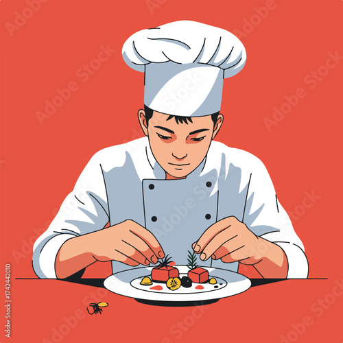 Young chef meticulously garnishing a dish with herbs and fruit
