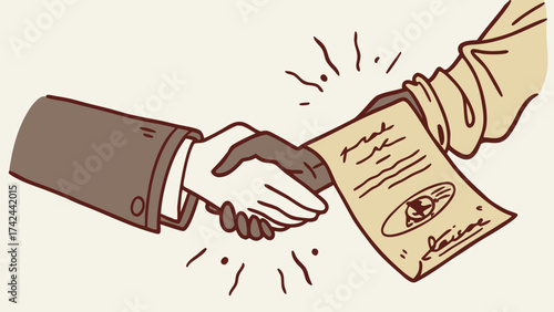 Cartoon Handshake with Signed Document Business Agreement Illustration