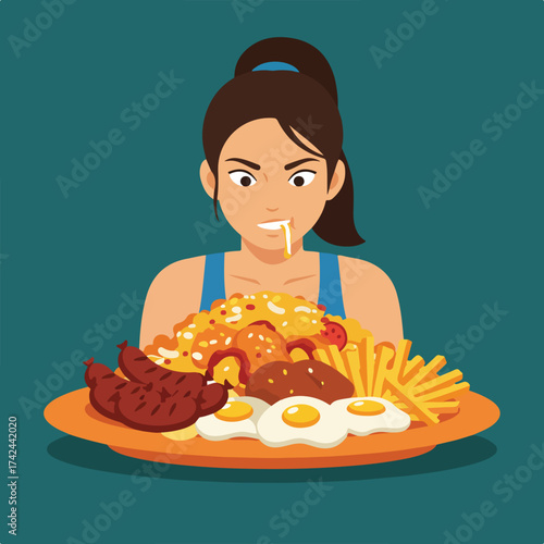 Woman with a massive plate of food, drooling with desire