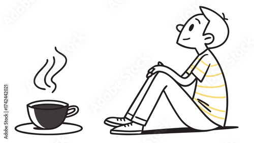 Cartoon man with striped shirt sitting near steaming coffee cup illustration