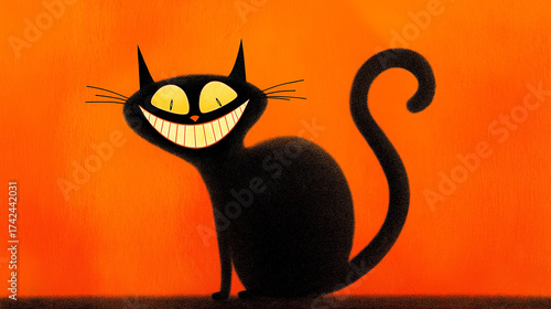 Grinning Cat Poster. Stylized black cat with wide glowing grin and arched back on solid orange background, Halloween, empty foreground for text 