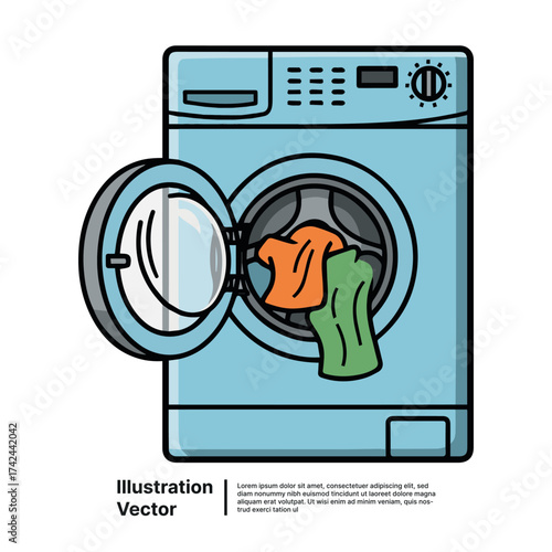 Modern household appliance for laundry care, a blue washing machine with clothes inside for daily chores