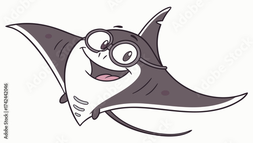 Cartoon Manta Ray with Glasses Smiling Fins Spread and a Long Tail