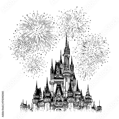 Castle fireworks celebration illustration black and white fantasy kingdom architecture skyline drawing design