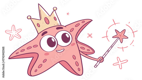 Cartoon Starfish Wearing Crown and Wielding Magic Wand with Sparkling Effects