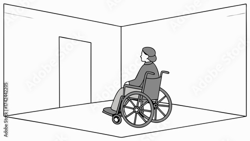 Elderly Woman in Wheelchair Contemplating Doorway in Minimalist Room