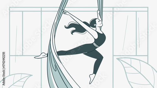 Elegant aerialist in dark teal leotard performing on flowing silk ribbons with grace