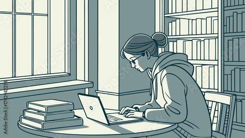 Focused student with glasses studying on laptop near window and bookshelf