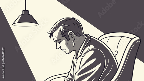Man in Armchair Under Lamp Head Bowed in Thoughtful Contemplation
