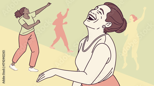 Joyful Woman with Dancing Silhouettes Head Tilted Back in Laughter