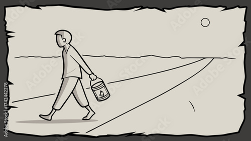 Man Walking with Water Can in Arid Landscape Minimalist Illustration