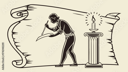 Man Inking a Scroll by Candlelight on a Classical Column Vintage Illustration