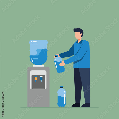 Person with a bottle near a water dispenser