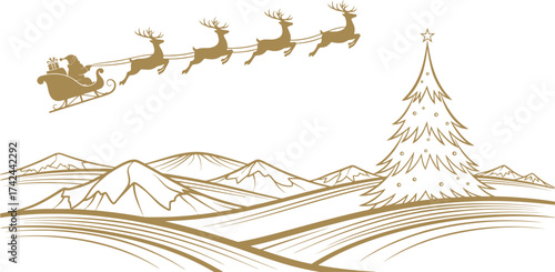 Silhouette of Santa Claus sleigh with flying reindeer and Christmas gifts.vector illustration