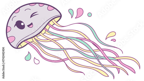 Smiling Cartoon Jellyfish with Pastel Colors and Flowing Tentacles