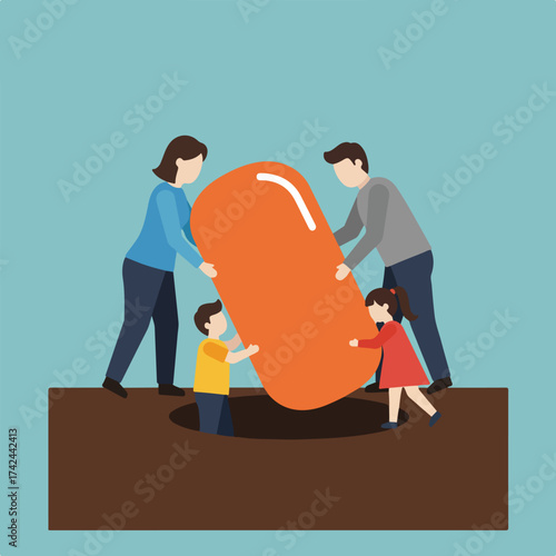 Family works together to put oversized pill into a hole