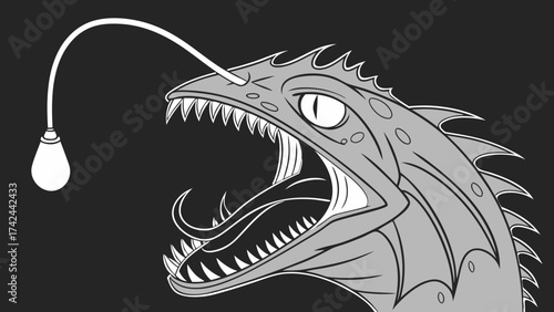 Stylized Anglerfish with Bioluminescent Lure and Open Mouth Displaying Sharp Teeth