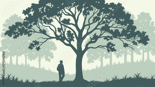 Solitary Figure Beneath Sprawling Tree Silhouette in Forest Landscape