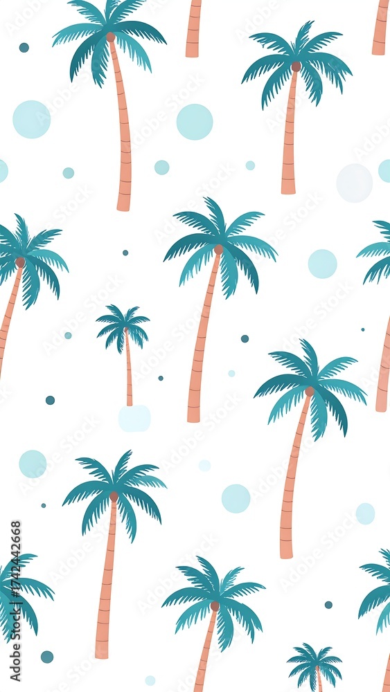 Obraz premium Repeating palm trees with turquoise fronds, dots, and white background