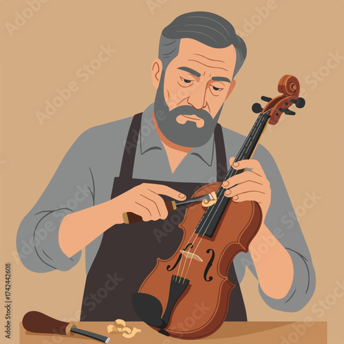 Craftsman carefully carves a violin with a small tool, showing concentration
