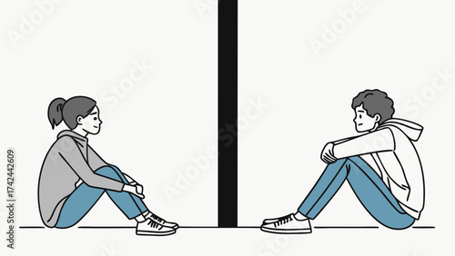 Two People Separated by a Black Line Sitting and Contemplating
